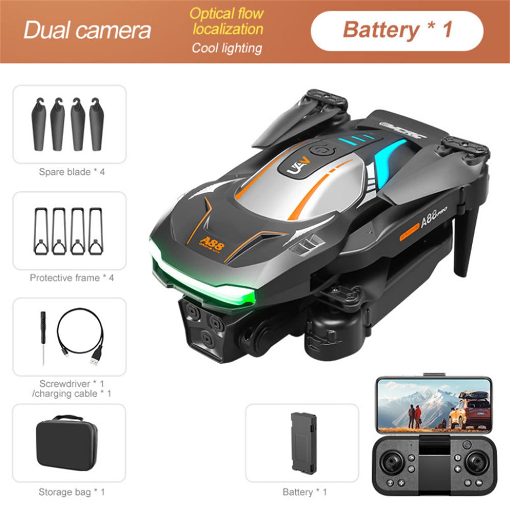 A88 Optical Flow Dual Camera Drone Quadcopter - Black 3 Battery