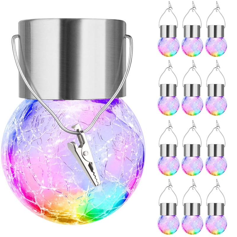 12-Pack Solar Hanging Cracked Glass Ball Lights - Multicolor Globe