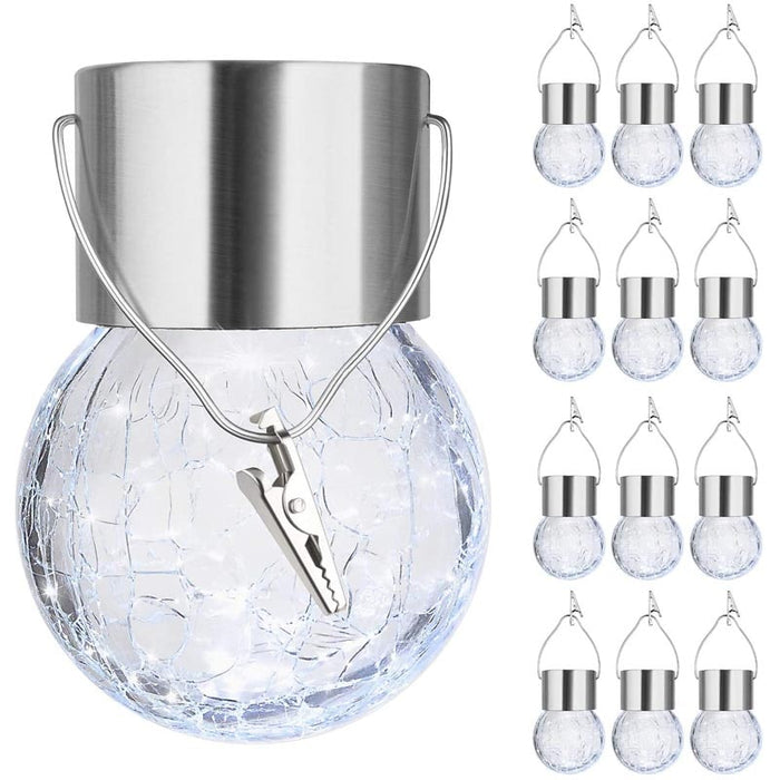 12-Pack Cracked Glass Solar Lights - Cool White Waterproof Hanging Globe