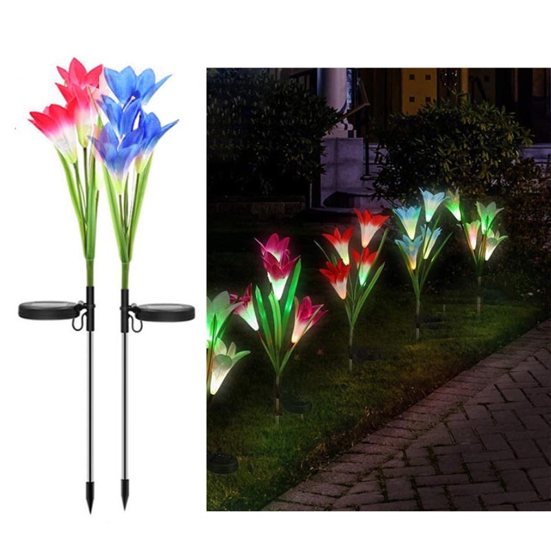 2 Pack Solar Garden Lily Lights - Color Changing LED Red+Blue
