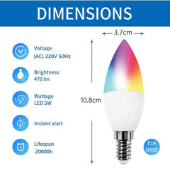 2 Pack Smart WiFi C37 Bulbs - 220V Dimmable Color LED Candle Bulbs
