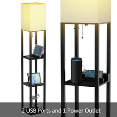 Black Floor Lamp with Shelves - Wood with 2 USB Ports & Power Outlet