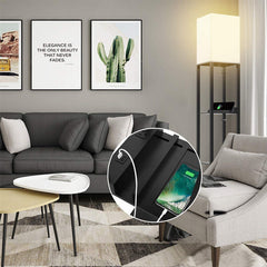 Black Floor Lamp with Shelves - Wood with 2 USB Ports & Power Outlet