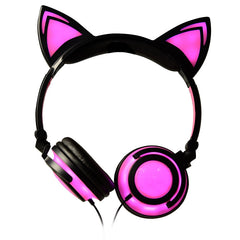 Blue Kids Wired Over-Ear Headphones with LED Glowing Cat Ears - Charging Version