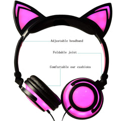 Blue Kids Wired Over-Ear Headphones with LED Glowing Cat Ears - Charging Version