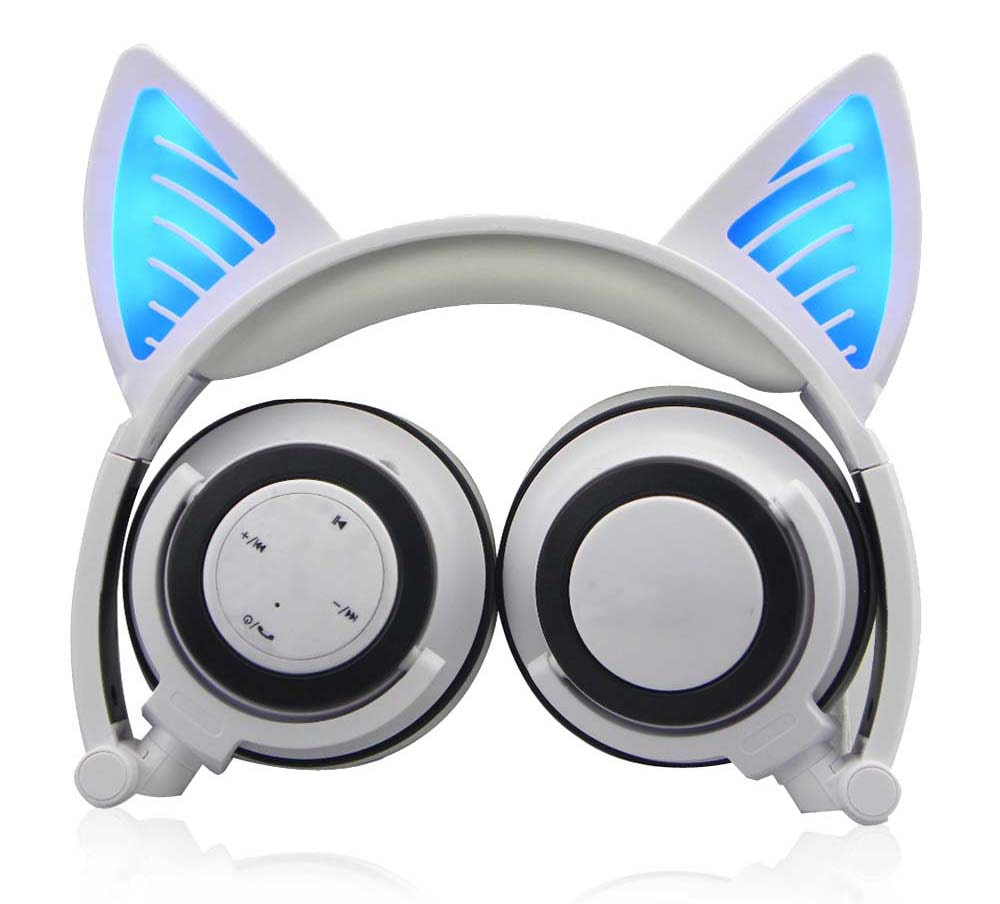 White Kids Wireless Bluetooth Headphones with LED Cat Ears for Boys&Girls