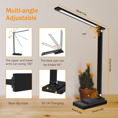 Black LED Desk Lamp with USB - 5 Mode Smart Reading Light
