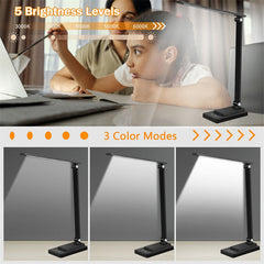 Black LED Desk Lamp with USB - 5 Mode Smart Reading Light