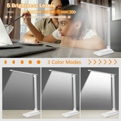 White LED Desk Lamp - USB Charging Smart Reading Light 5 Modes