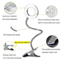 Silver Clip Reading Light - 3 Color 10 Brightness Book Piano Bed
