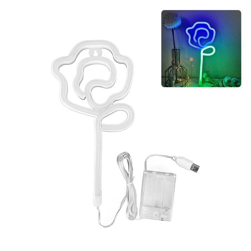 Blue LED Rose Neon Sign - USB Battery Night Light for Home Decor