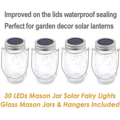 Mason Jar Solar Lantern Lights 4 Pack - 30 LEDs for Patio Garden
