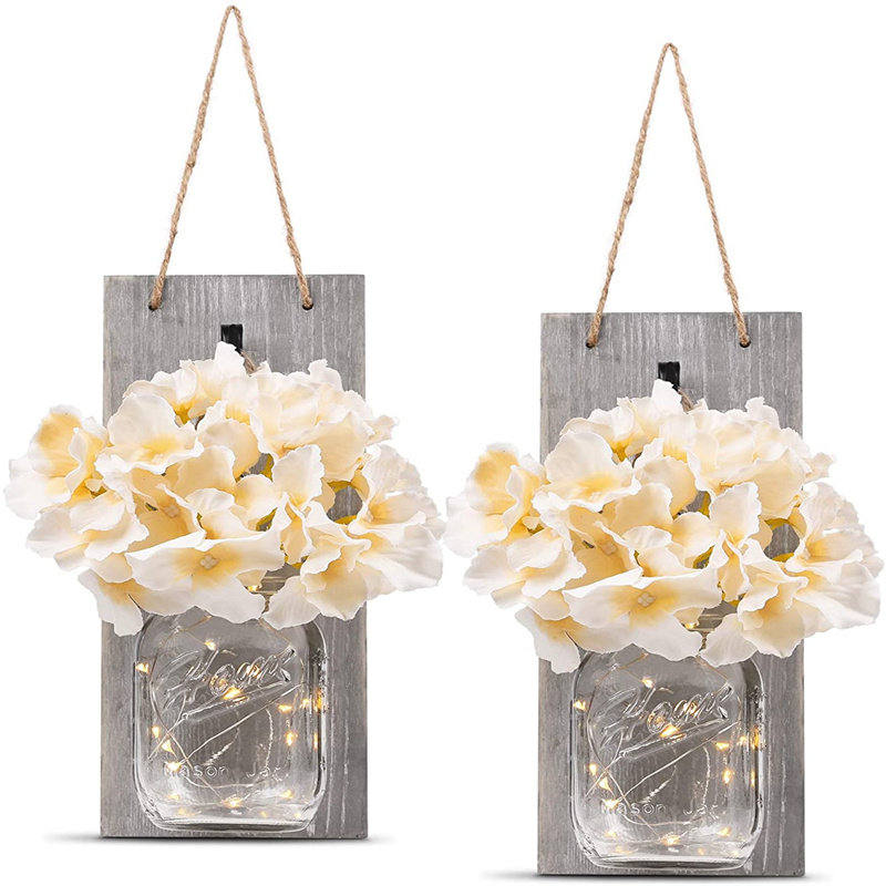 2pcs Mason Jar Wall Lamp - Antique Timer Fairy Lights with Flowers