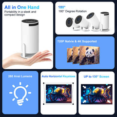 Mini Projector - 4K 180¡ã Rotatable WiFi6 Android 11 for Outdoors