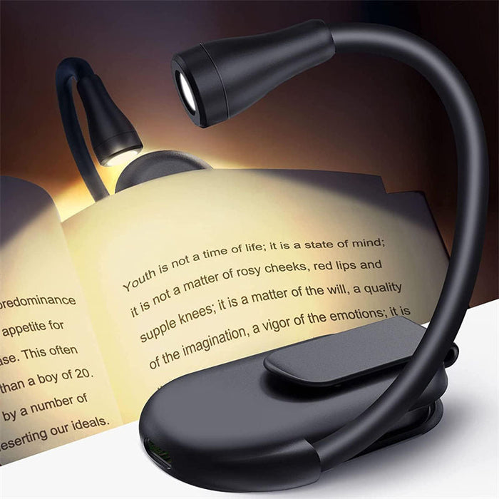 Black Clip-On Book Light - 3 Color Stepless Dimming Reading Lamp