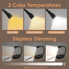 Black Clip-On Book Light - 3 Color Stepless Dimming Reading Lamp