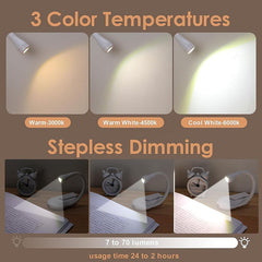 White Clip-On Portable Book Light - 3 Color Stepless Dimming Reading