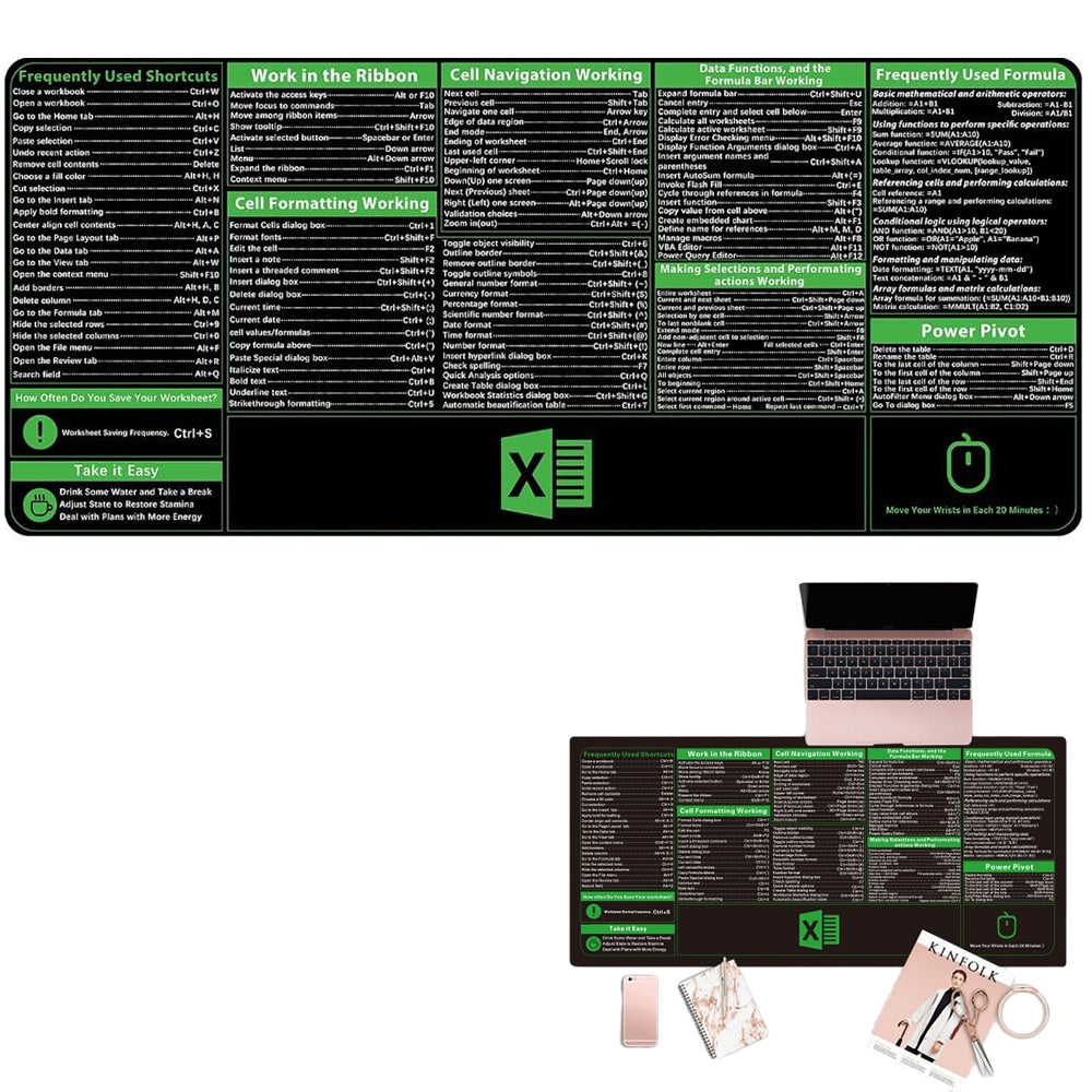 Excel Shortcuts Desk Mat Mouse Pad Giant Keyboard Mat