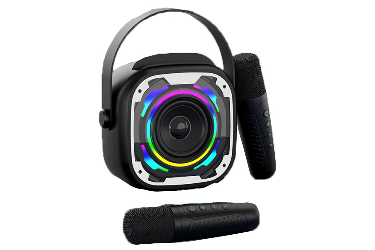Black Mini Bluetooth Karaoke Machine - Adjustable Mic & Lights