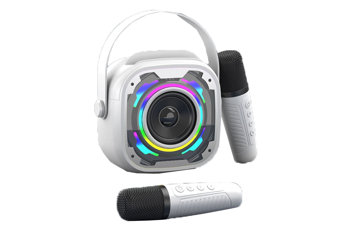 White Mini Bluetooth Karaoke Machine - Adjustable Mic & Lights