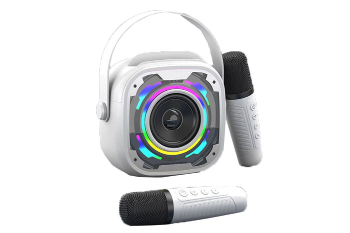 White Mini Bluetooth Karaoke Machine - Adjustable Mic & Lights