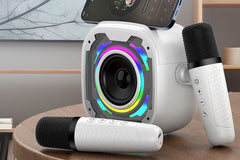 White Mini Bluetooth Karaoke Machine - Adjustable Mic & Lights