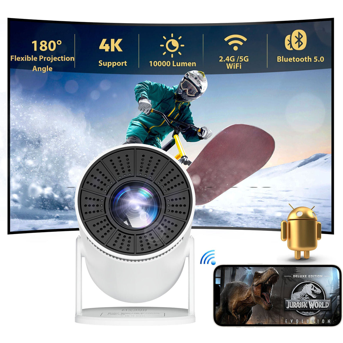 Mini Projector 4K - Android 5G WiFi USB Home Theater Office Movie