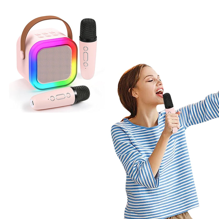 Pink Bluetooth Karaoke Machine - 2 Mics with Colorful LED Speaker