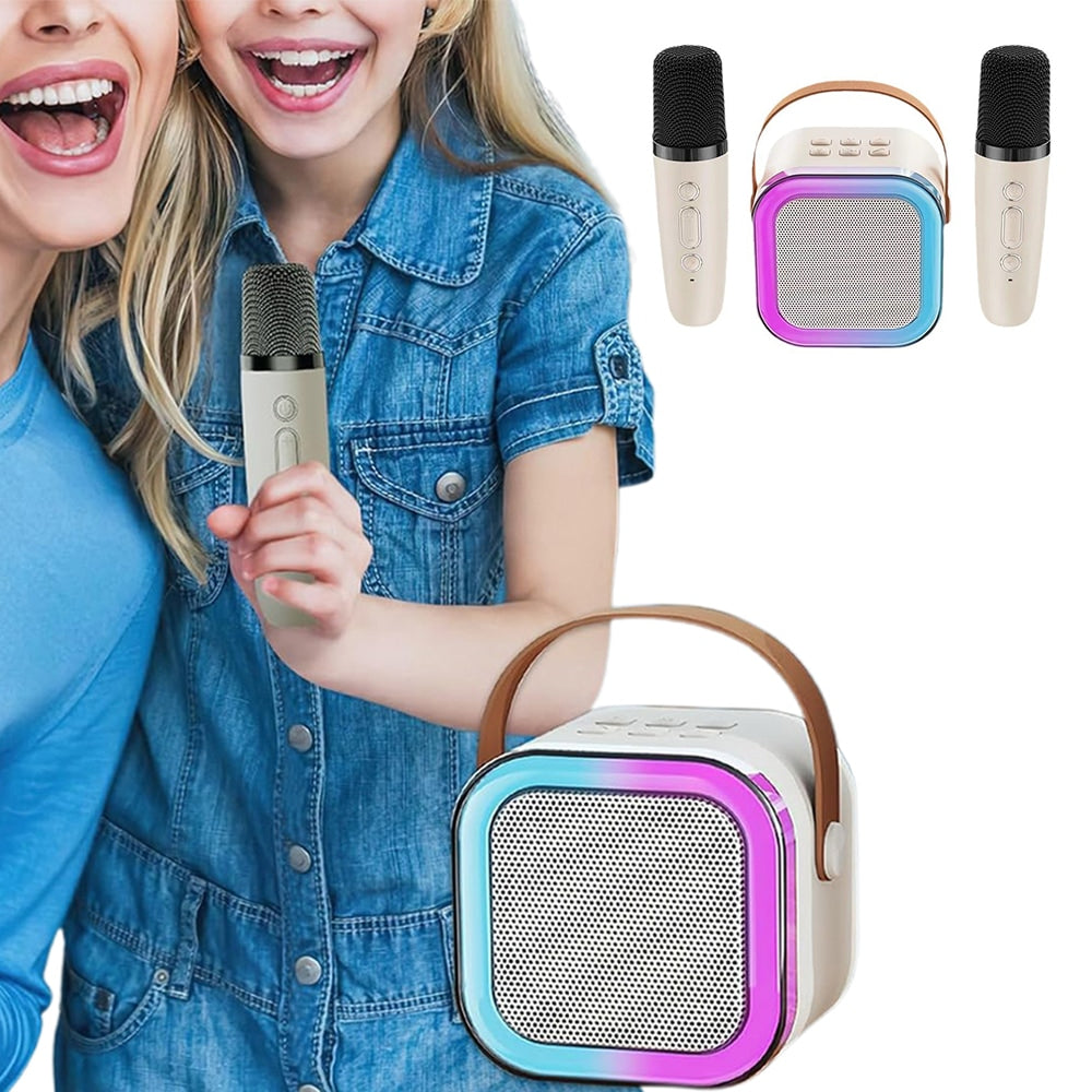 Beige Bluetooth Karaoke Machine - 2 Mics with Colorful LED Speaker