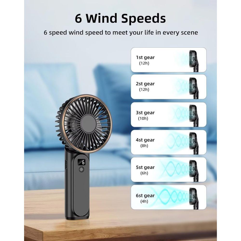 TUNISE 4000mAh Foldable Handheld Fan - 6-Speed Adjustable with Display