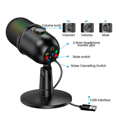 RGB USB Microphone - For Gaming Podcast Live Broadcast Recording